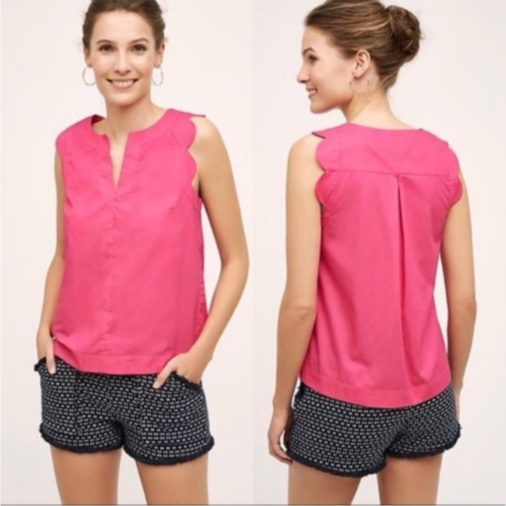 Anthropologie Maeve Pink scalloped cotton short sleeve blouse size 0